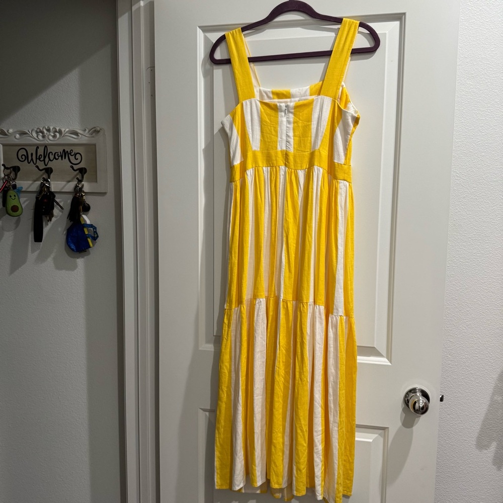 Ann Taylor Linen Dress Sz 6 Striped Yellow White Square Neck Midi Nautical - Picture 5 of 9